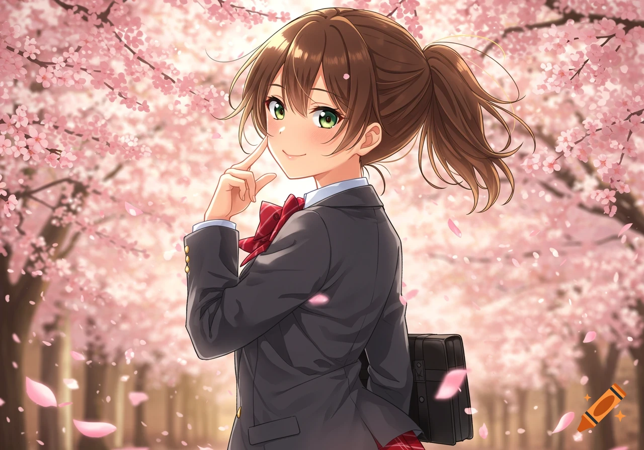 Anime girl with brown ponytail, hazel eyes, in school uniform, posing among cherry blossoms and falling petals.