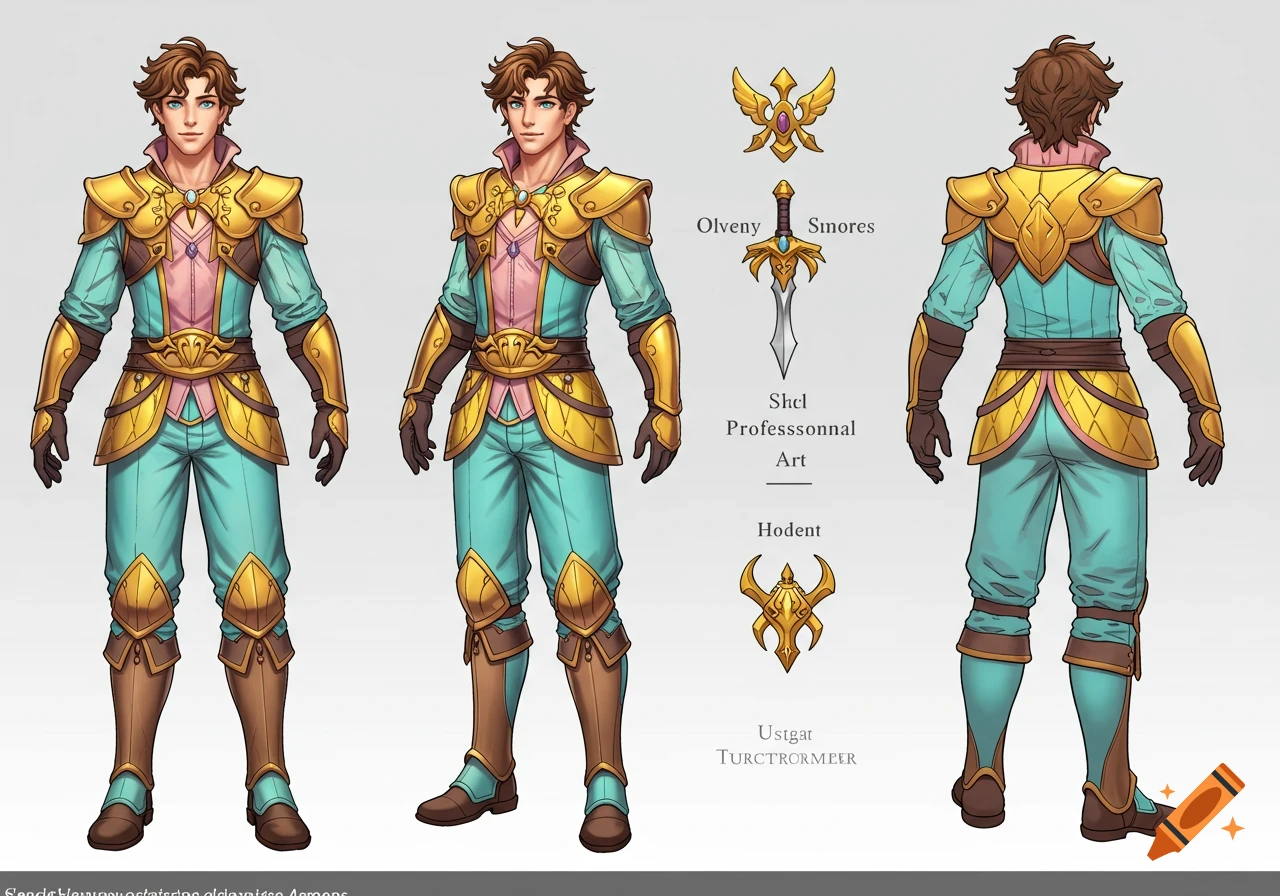 A male character concept art turnaround sheet, showing front, side, and back views of a man in gold, pink, and aqua fantasy armor.