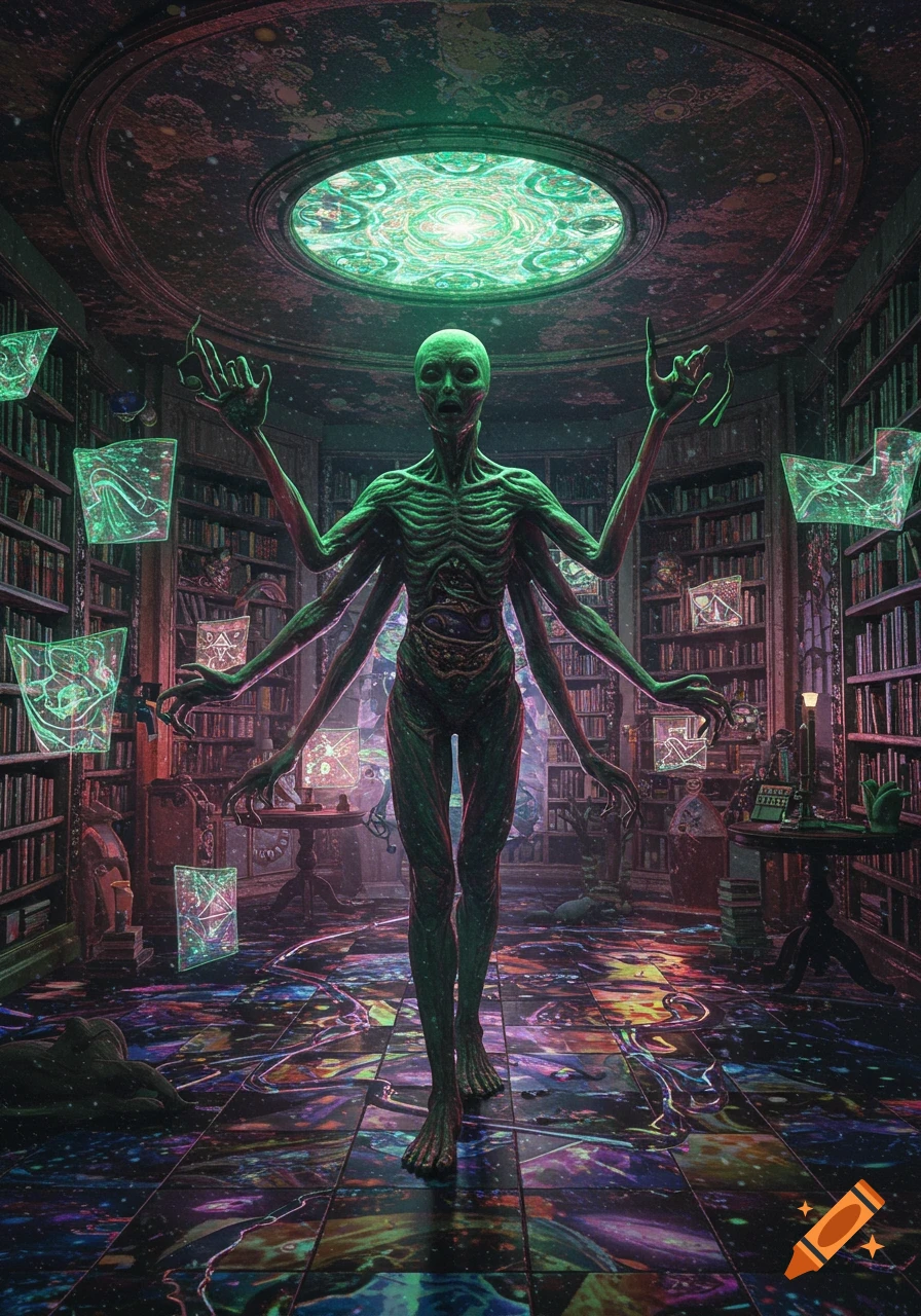Gaunt, multi-limbed green alien creature stands in a dark, mystical library room with glowing symbols and a kaleidoscopic floor.