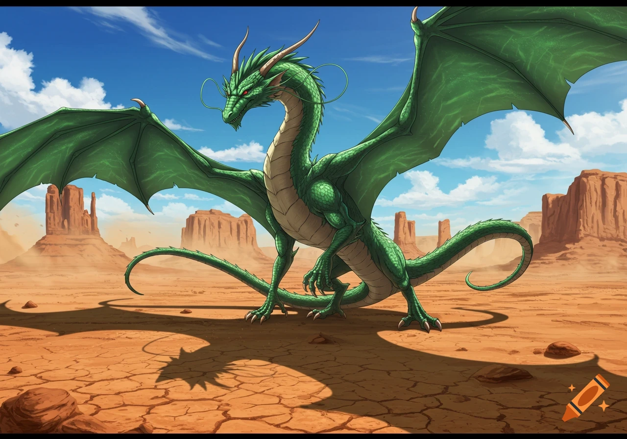 A large green anime-style dragon with expansive wings stands in a cracked desert with rock formations under a bright blue sky.