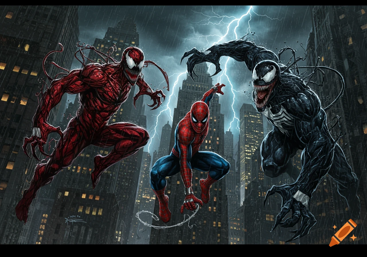 Spider-Man in mid-air facing off against Venom and Carnage during a rainy, lightning storm over a dark city, comic art style.