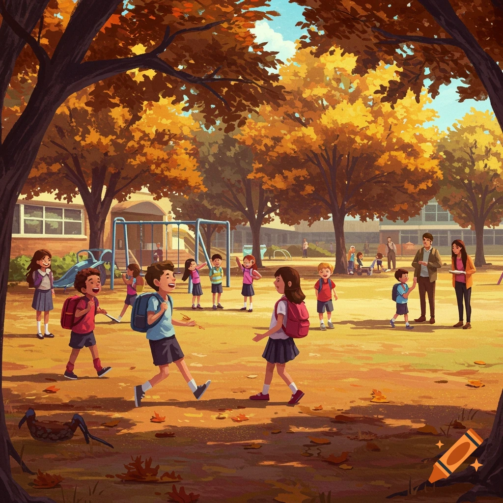 Illustrated scene of children playing and walking in a schoolyard during autumn, with colorful trees and falling leaves.