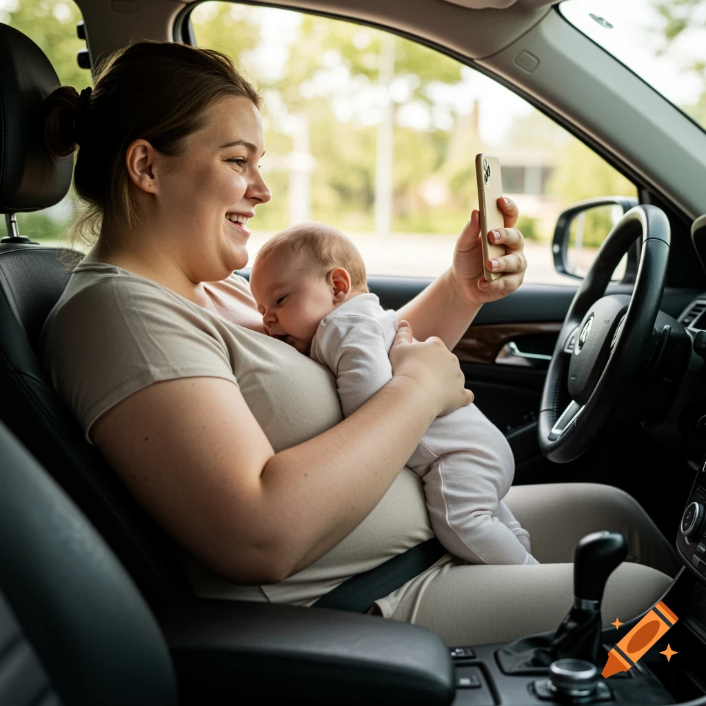 A smiling woman takes a selfie in a car while holding a sleeping baby.