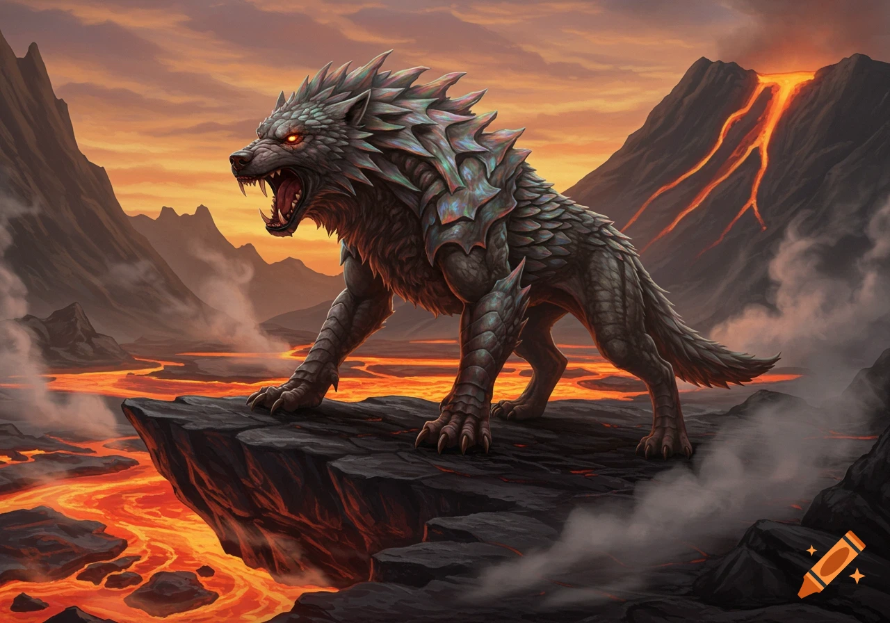 A fierce wolf-dragon hybrid creature with glowing eyes stands on a rock in a fiery volcanic landscape at sunset, in a fantasy art style.