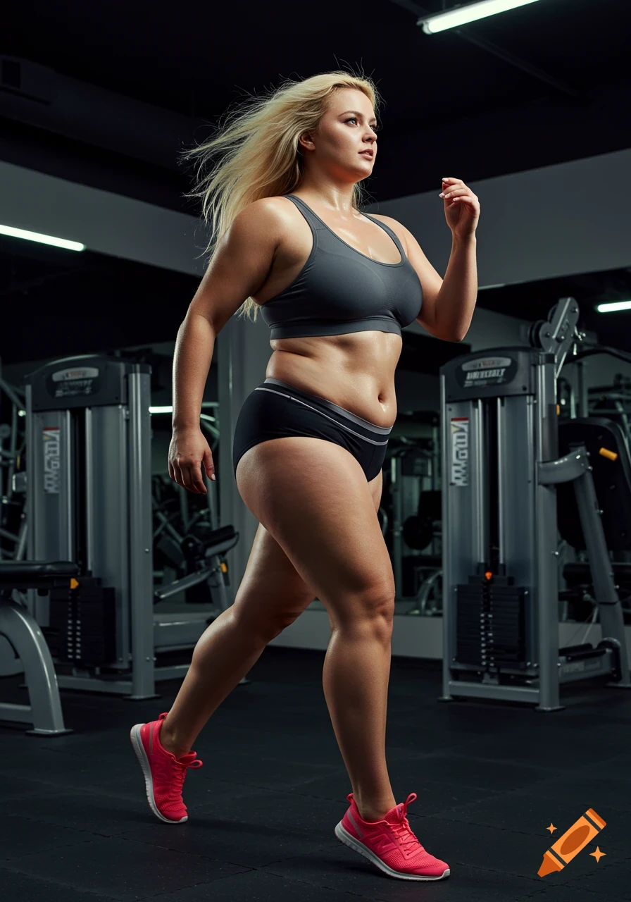 A blonde woman in a sports bra, athletic briefs, and bright pink sneakers jogs in a gym, conveying an energetic, active lifestyle.
