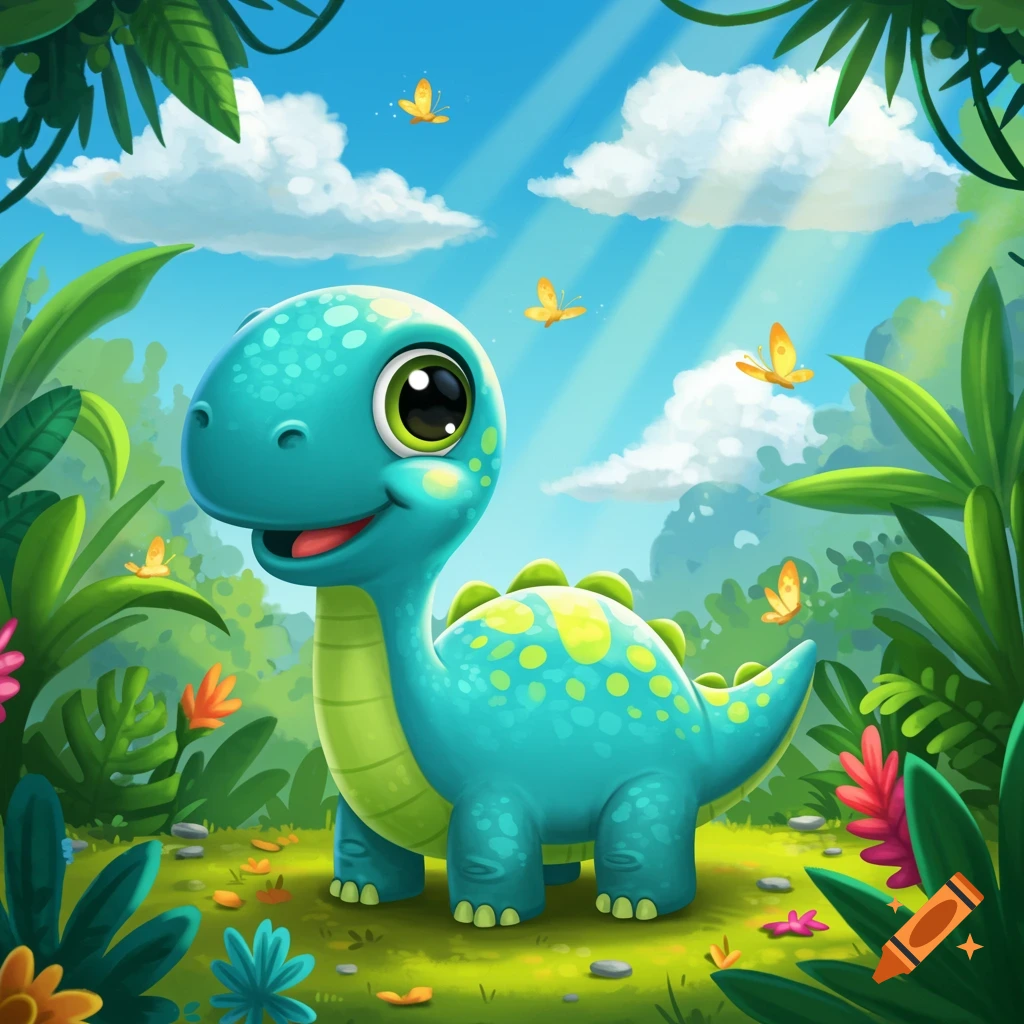 A cute, teal cartoon baby dinosaur with green spots stands in a vibrant jungle with butterflies, flowers, and a sunny blue sky.