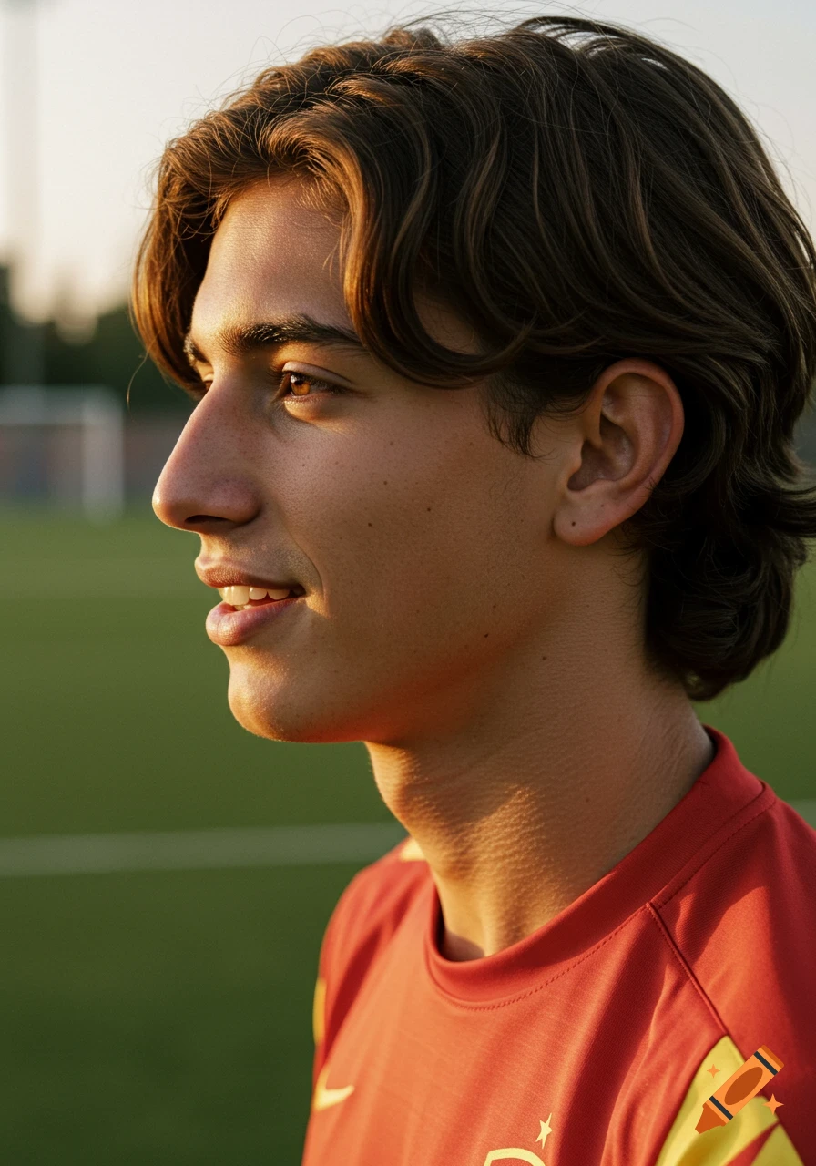 Profile portrait of a young man with brown wavy hair in a red soccer jersey on a field, smiling slightly. Photorealistic.