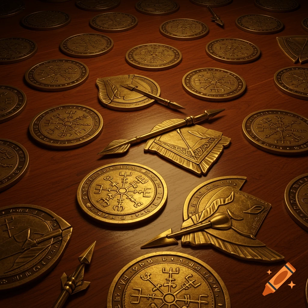 Close-up shot of numerous golden coins and arrows with intricate runic symbols and warrior helmet designs scattered on a wooden surface.