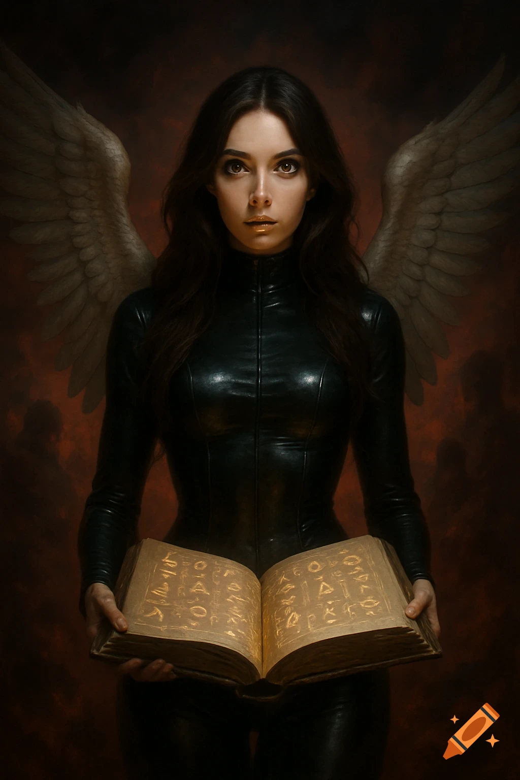 A digital art portrait of a woman with dark hair and angel wings in a black leather outfit, holding an open book with gold symbols.