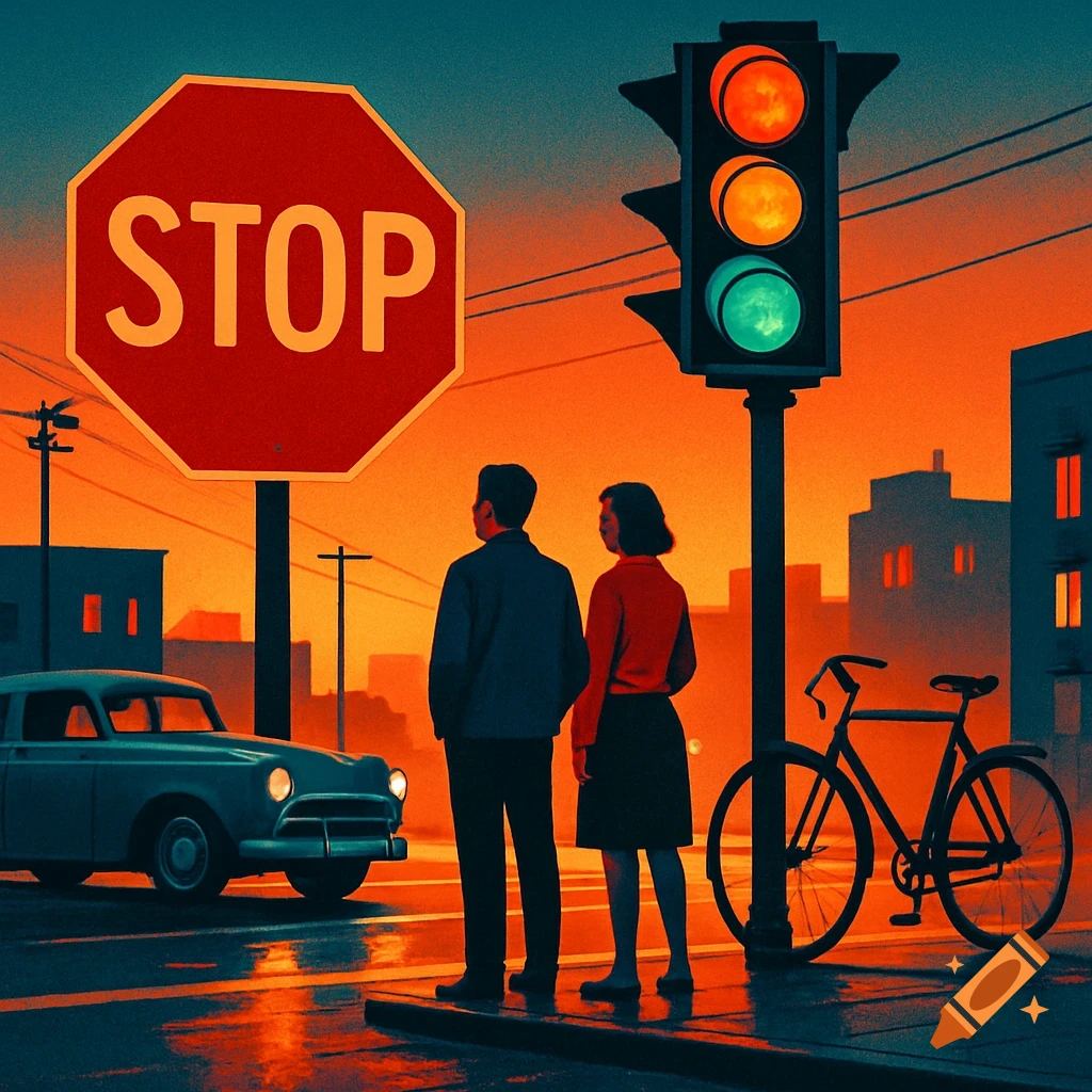 A stylized street scene at sunset with a prominent red stop sign, a traffic light showing green, two people waiting, a vintage car, and a bicycle.