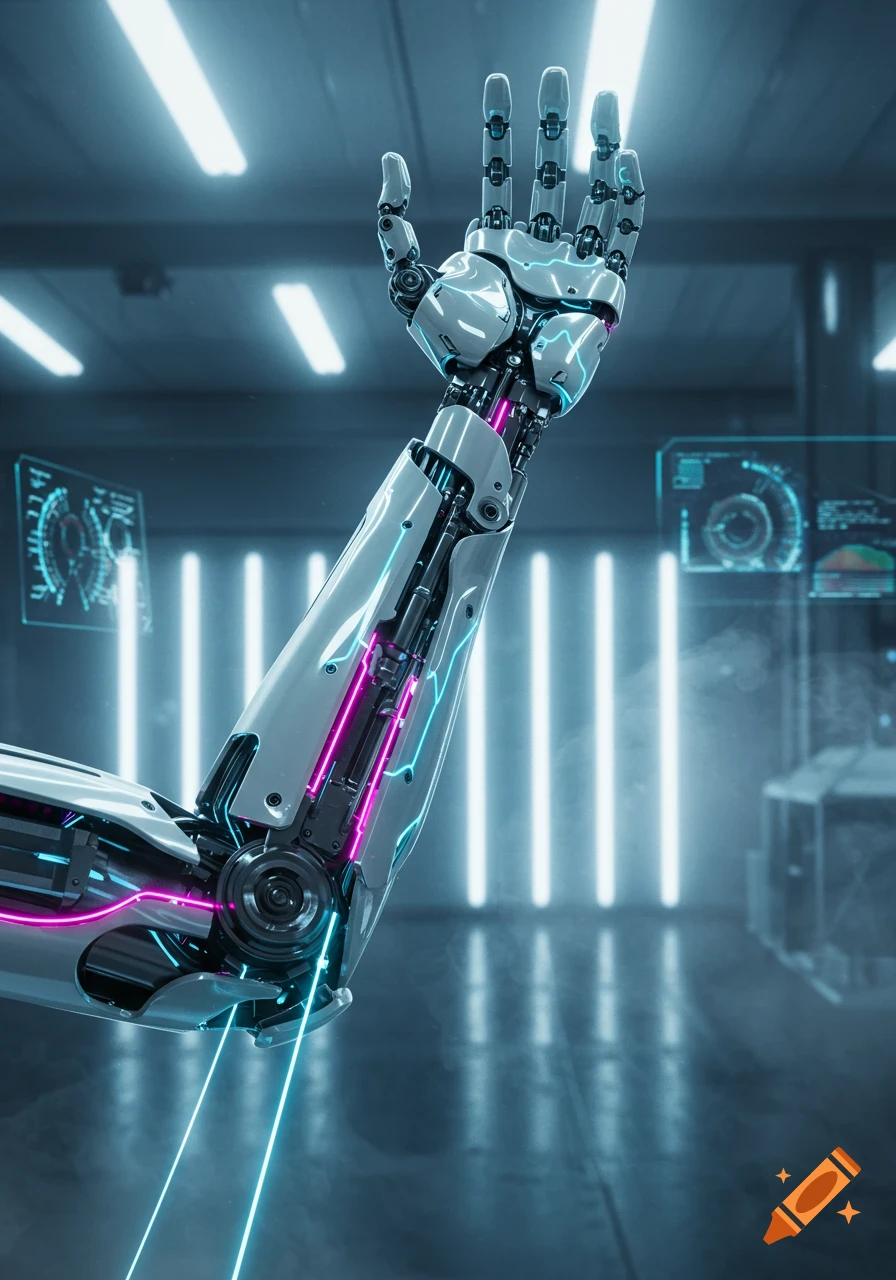 A detailed white robotic arm with glowing blue and pink internal wiring in a futuristic lab setting.