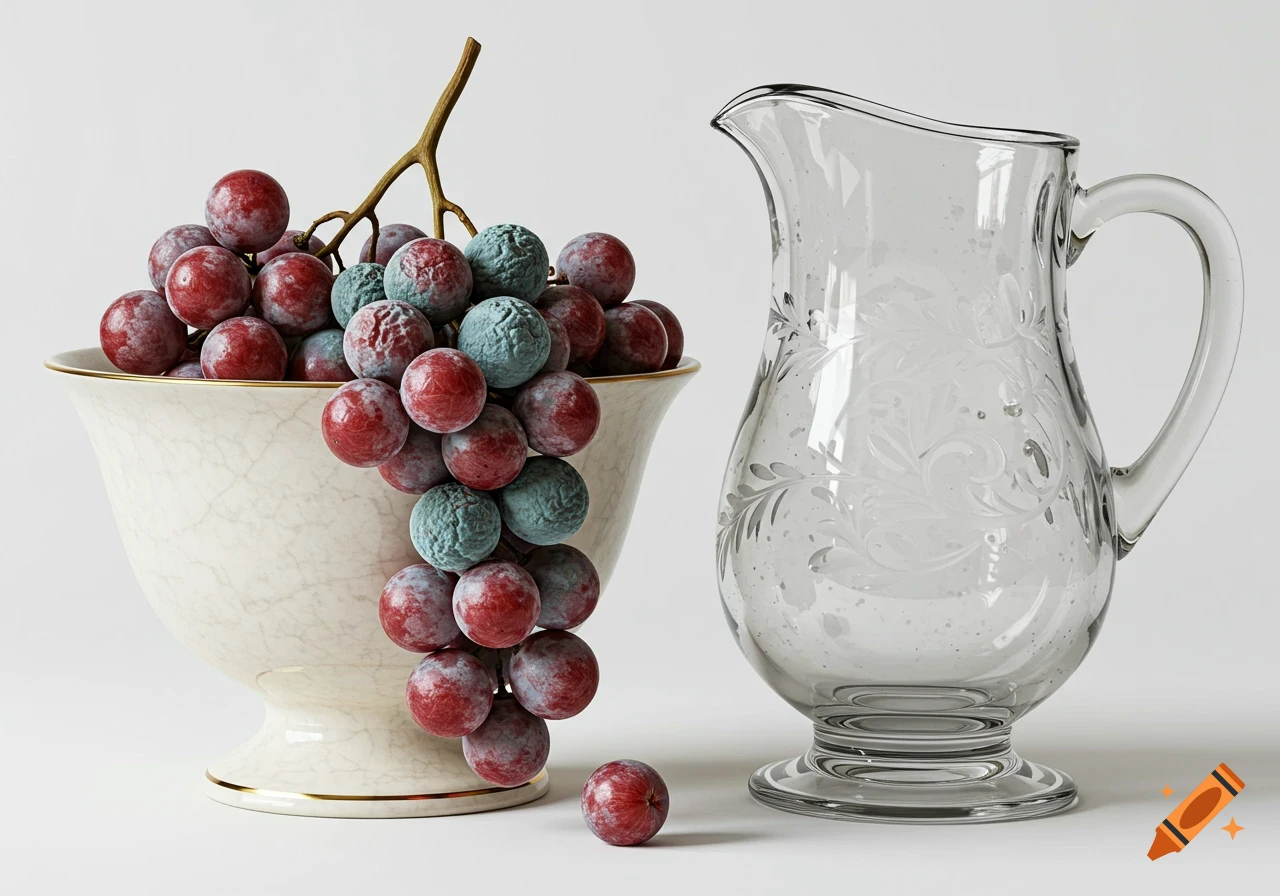 A hyper-realistic still life featuring a white bowl overflowing with moldy red and blue-green grapes next to an ornate glass pitcher.