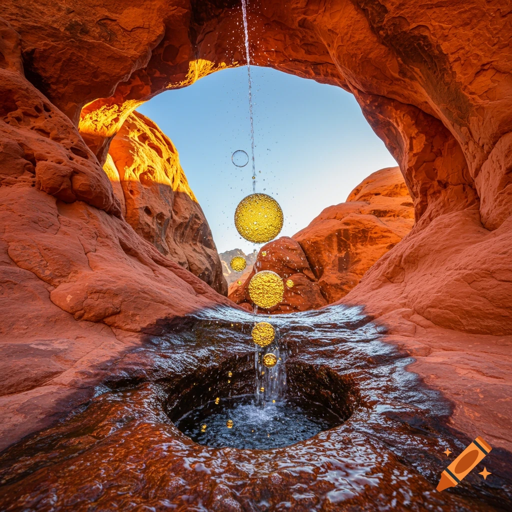 A photorealistic desert canyon with red and orange rock arches, a spring flowing into a pool, and large golden bubbles floating.