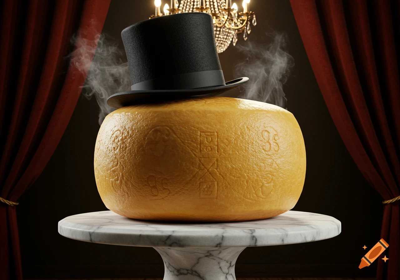 A photorealistic image of a large, round cheese wheel wearing a black top hat, with steam rising from behind it. It sits on a marble pedestal with red curtains and a chandelier in the background.