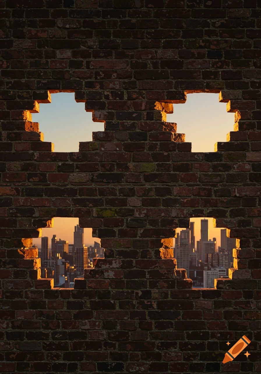 A weathered brick wall with four block-shaped holes revealing a sunset sky and a city skyline.