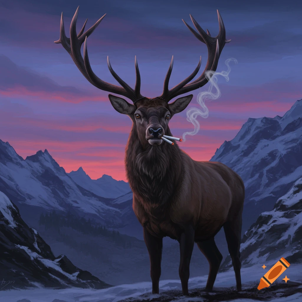 A majestic elk with large antlers stands in a snowy mountain landscape under a vibrant sunset sky, smoking two cigarettes.
