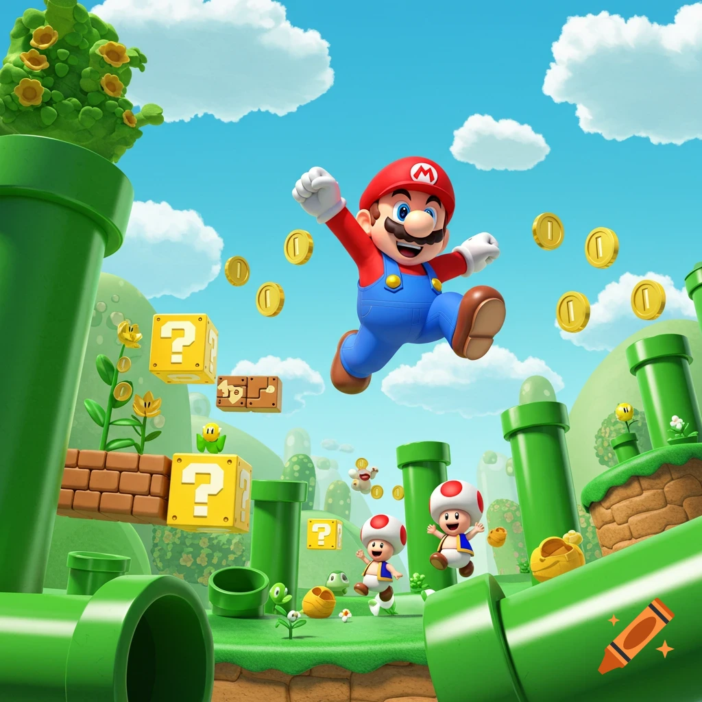 Mario jumps among coins, green pipes, and question blocks in a vibrant cartoon landscape with Toads.