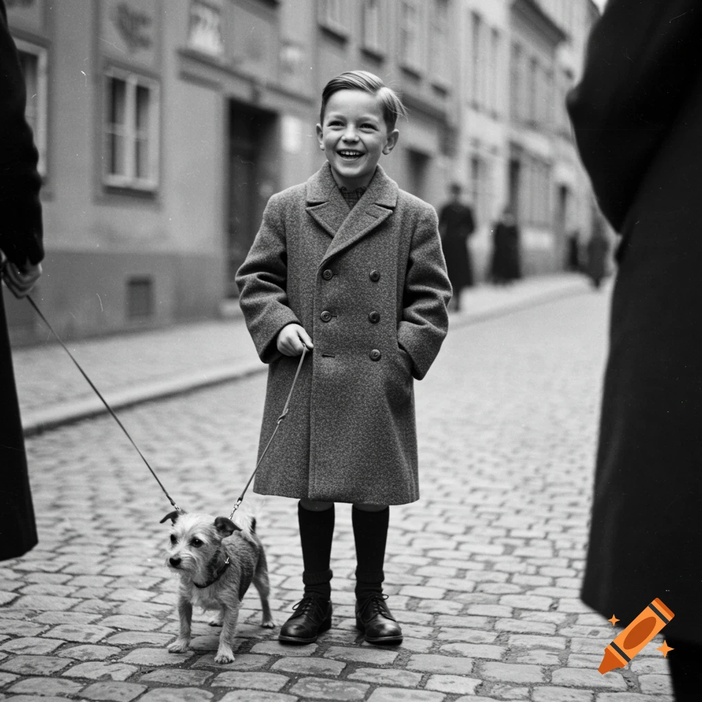 A smiling young boy in a long coat holds a dog's leash on a cobblestone street in a vintage black and white photograph.