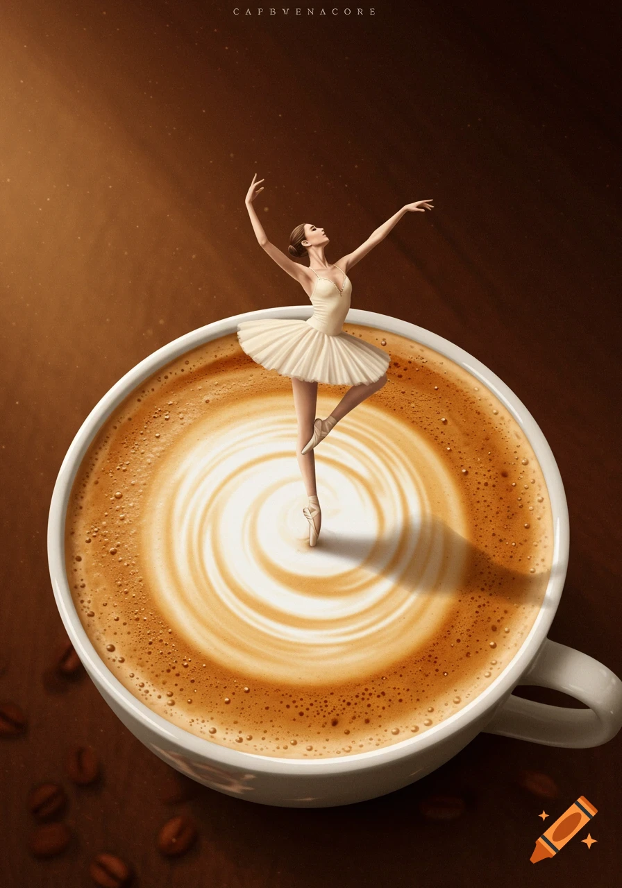 A graceful ballerina dances en pointe on swirling latte art within a white coffee cup. The background is a warm brown with scattered coffee beans.