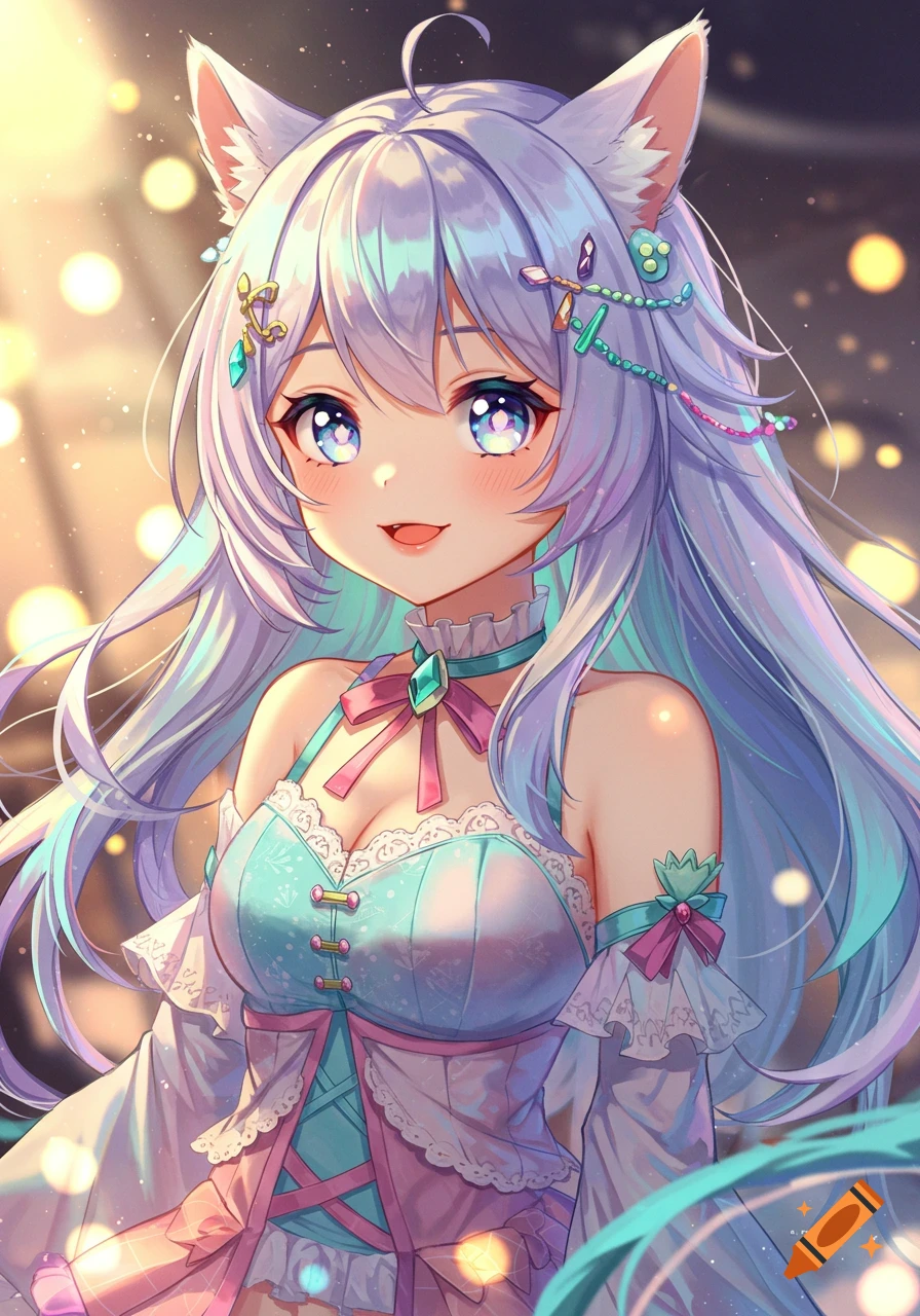 Cute anime cat girl with long light purple and teal hair, sparkling blue eyes, wearing a frilly light blue and pink dress, bokeh background.