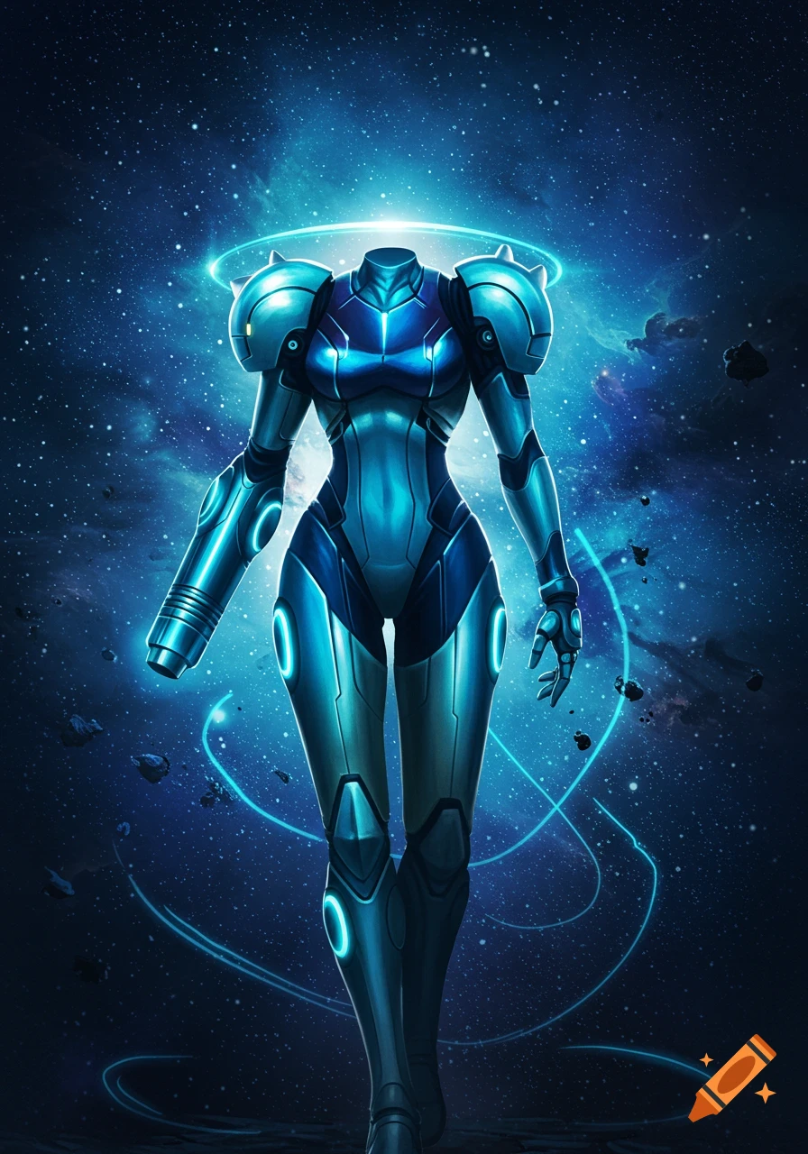 A headless futuristic armored figure, reminiscent of Samus Aran's suit, stands against a glowing blue starry cosmic background.