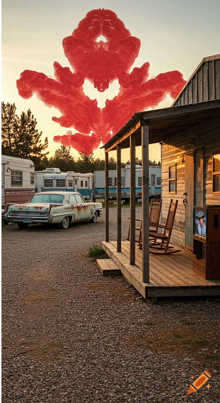 A red Rorschach ink blot floats above a rural trailer park at sunset, featuring an old rusty car and a porch with a vintage TV.