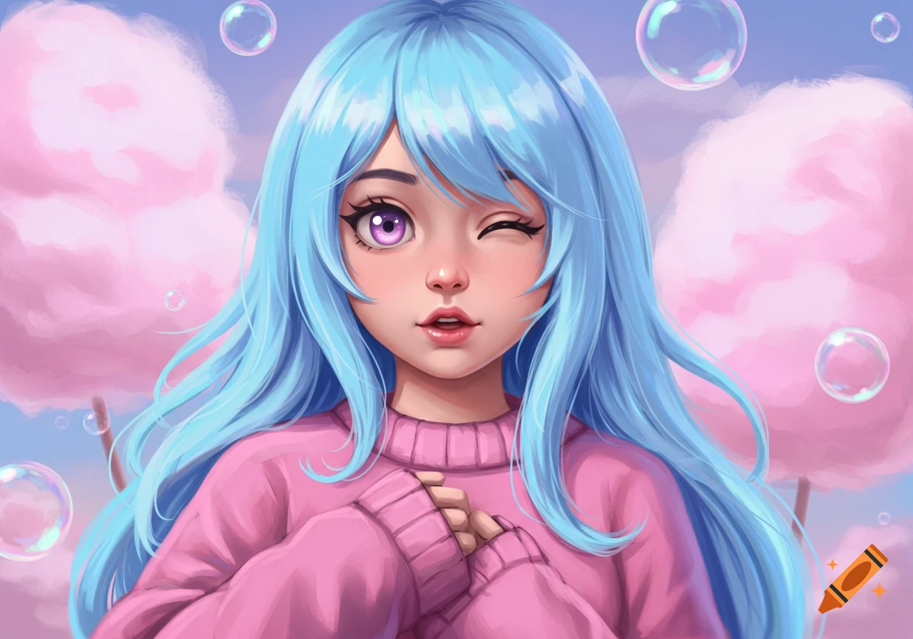 Winking anime girl with light blue hair, pink sweater, and purple eyes, surrounded by pink cotton candy clouds and bubbles in a digital art style.
