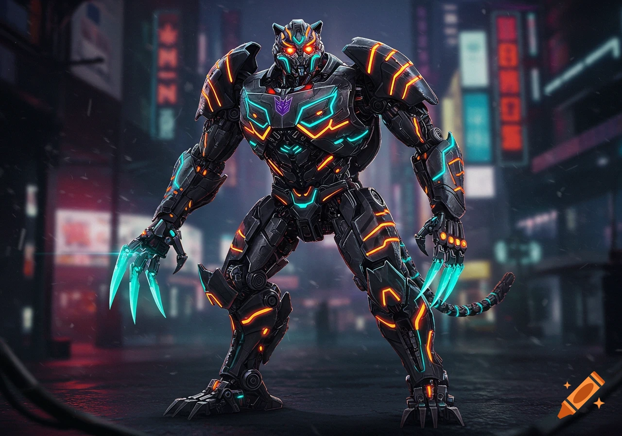 A black robotic tiger-like Transformer with glowing orange and cyan stripes stands in a neon-lit cyberpunk city at night.