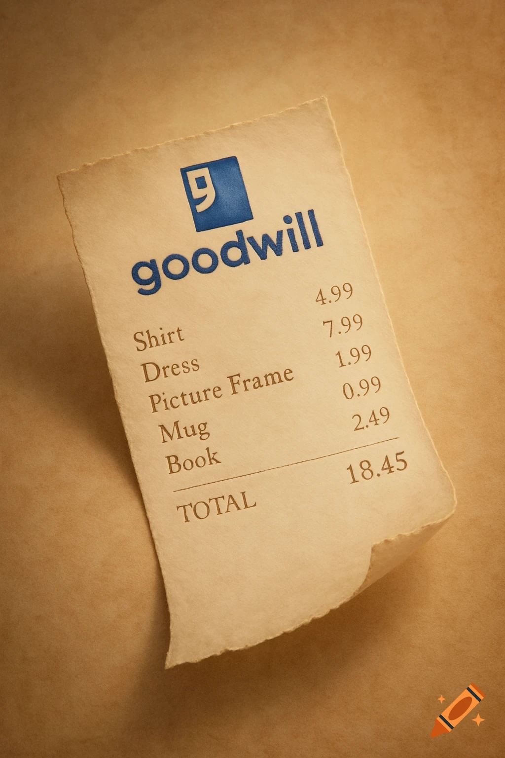 Close-up of a curled Goodwill receipt showing itemized purchases and a total on a textured brown background.