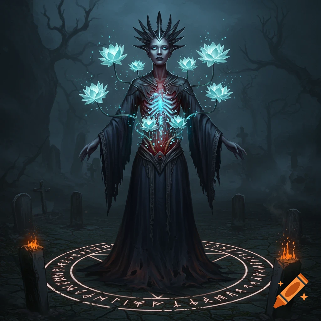 Dark fantasy illustration of a necromancer priestess in a graveyard, dark robes, spiky crown, glowing lotuses from ribcage, in a runic circle.