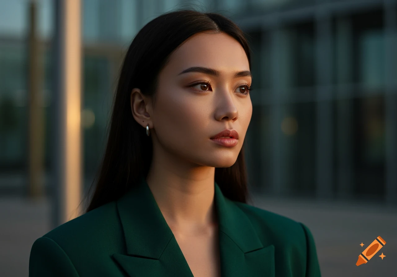 Close-up of a young Asian woman in a dark green blazer, looking right, with a blurred modern building in the background.