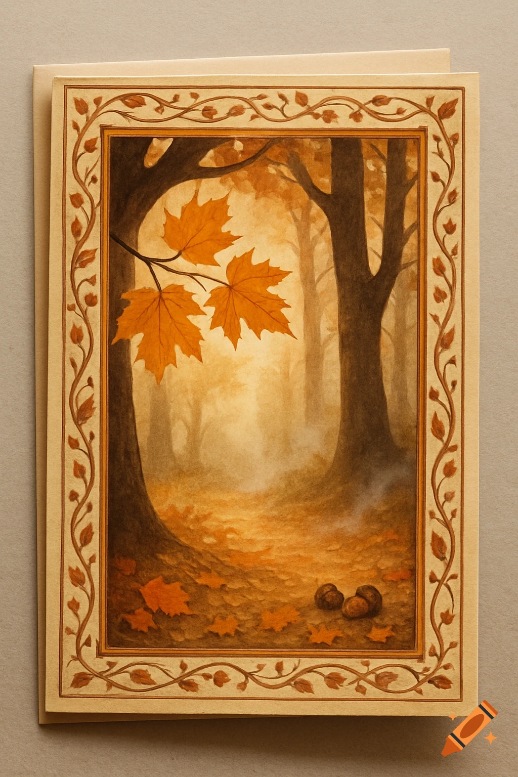 An illustrated autumn greeting card depicting a forest path, fallen orange leaves, and acorns, framed by a decorative vine border.
