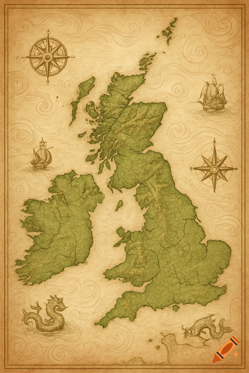 An old, stylized map of the UK and Ireland, featuring compass roses, sailing ships, and sea monsters.