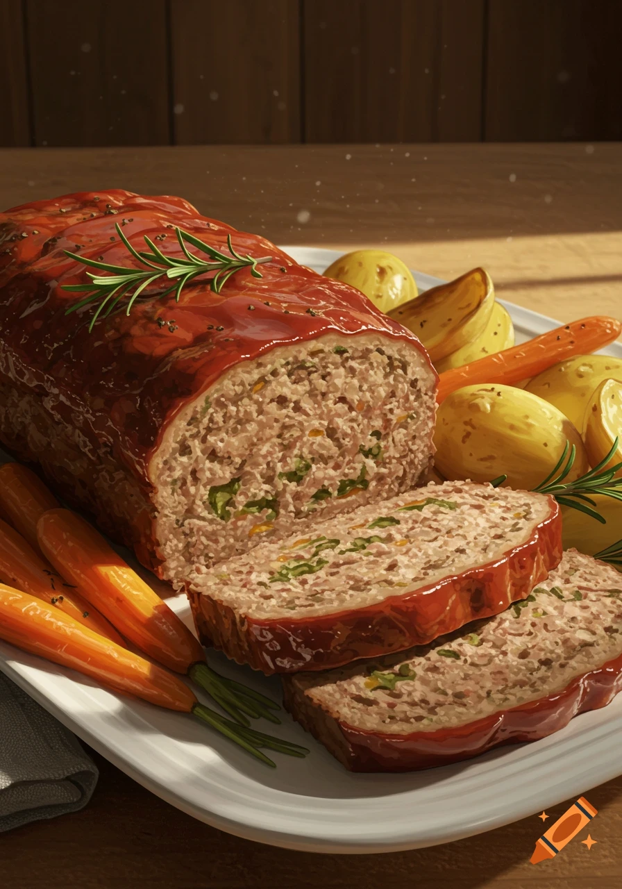 Close-up of a sliced meatloaf with a glossy red glaze and rosemary, served with roasted potatoes and carrots on a white platter.