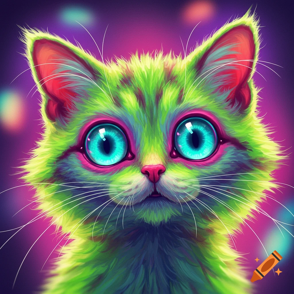 Close-up of a psychedelic, animated cat with vibrant green fur, pink nose, and large glowing blue eyes on a purple background.
