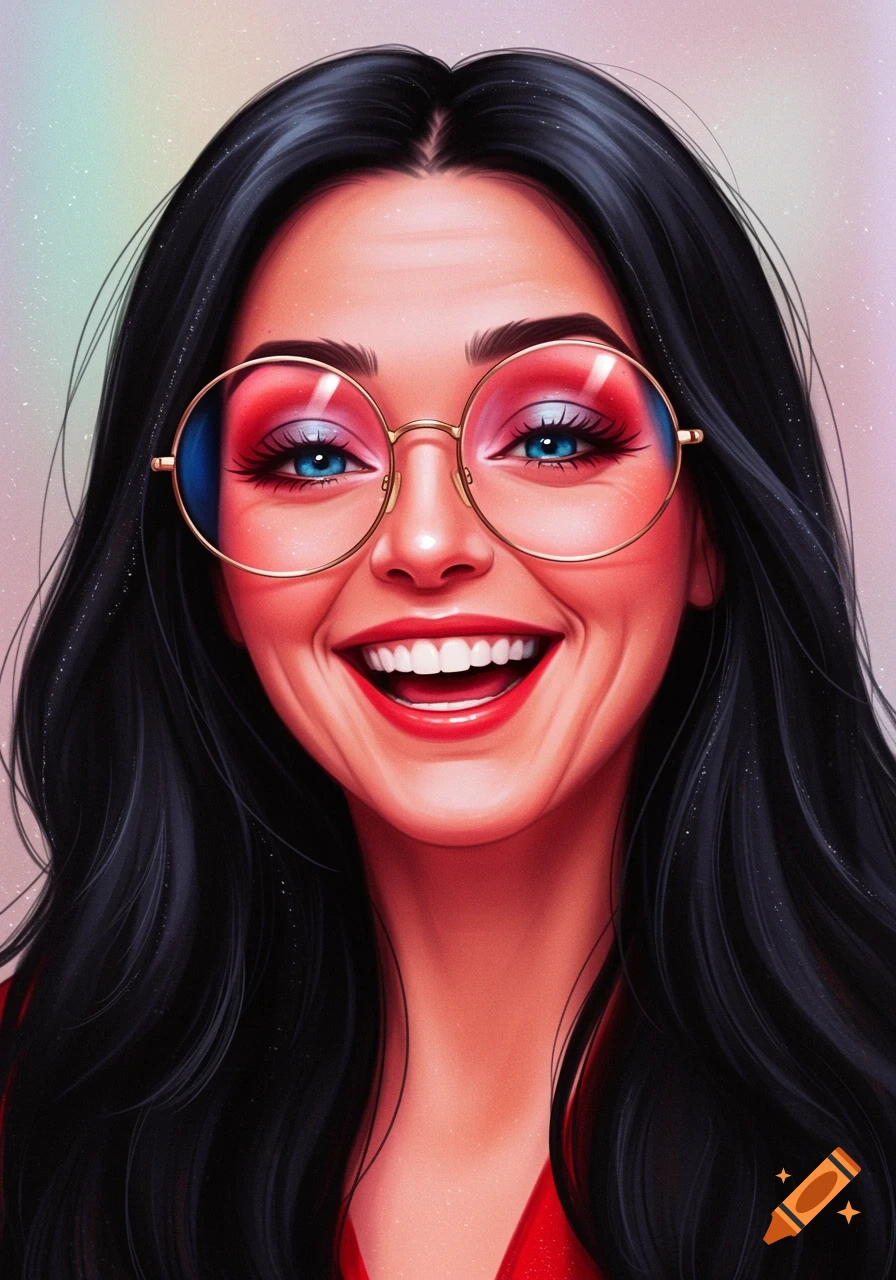 Stylized portrait of a smiling woman with long black hair, large round glasses with red frames, and bright blue eyes.
