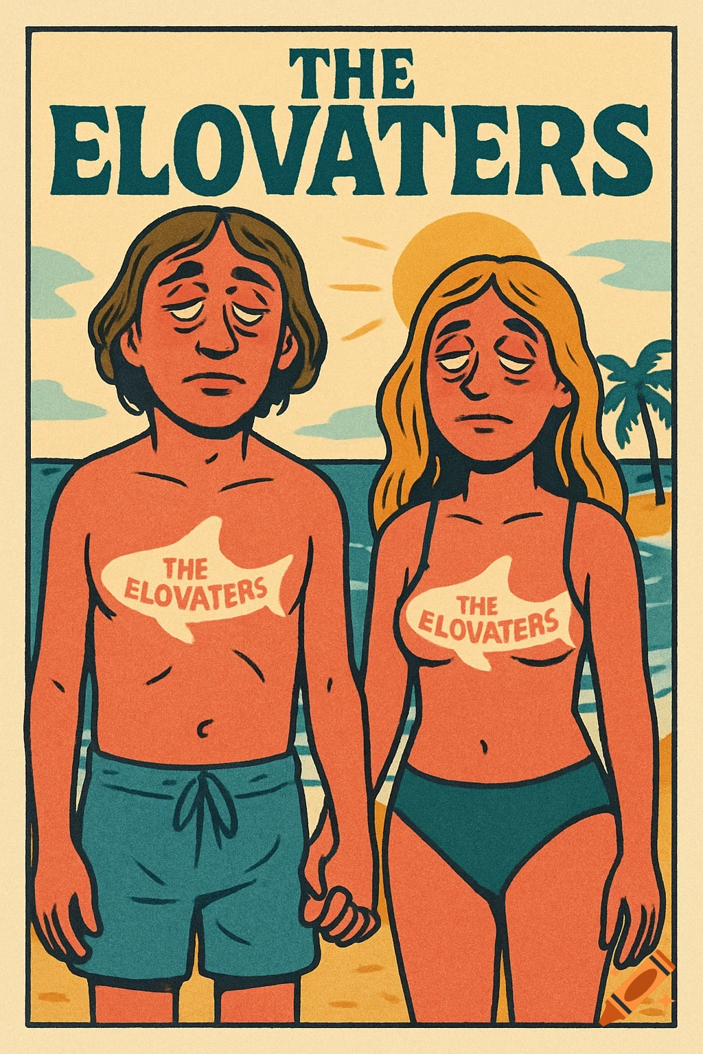 Retro poster of a sunburned, droopy-eyed man and woman holding hands on a beach. 'The Elovaters' text and shark logo.