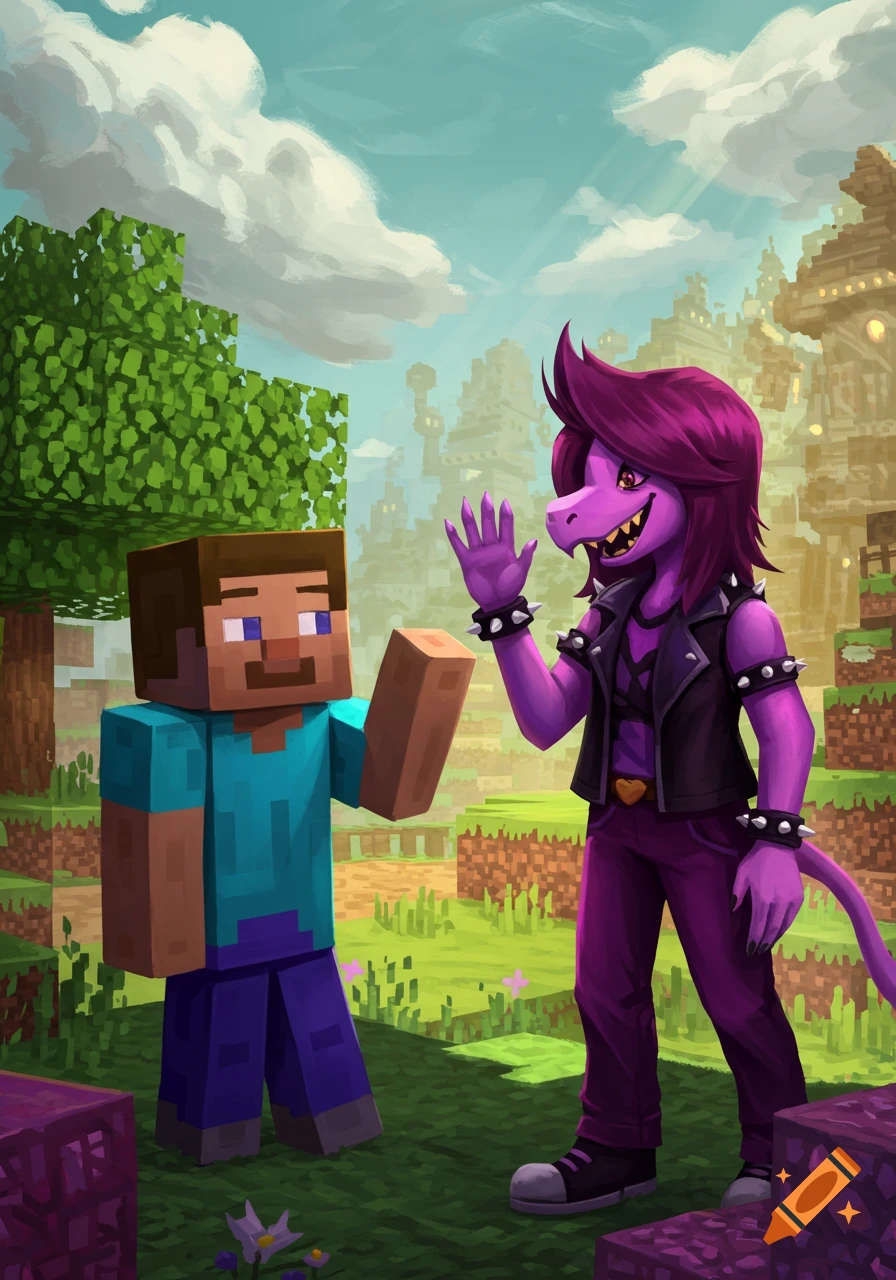 Minecraft Steve and purple monster Susie from Deltarune wave at each other in a blocky, stylized landscape.