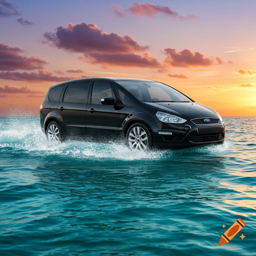 A black Ford S-Max van, modified to resemble a speedboat, drives through choppy ocean waves at sunset.