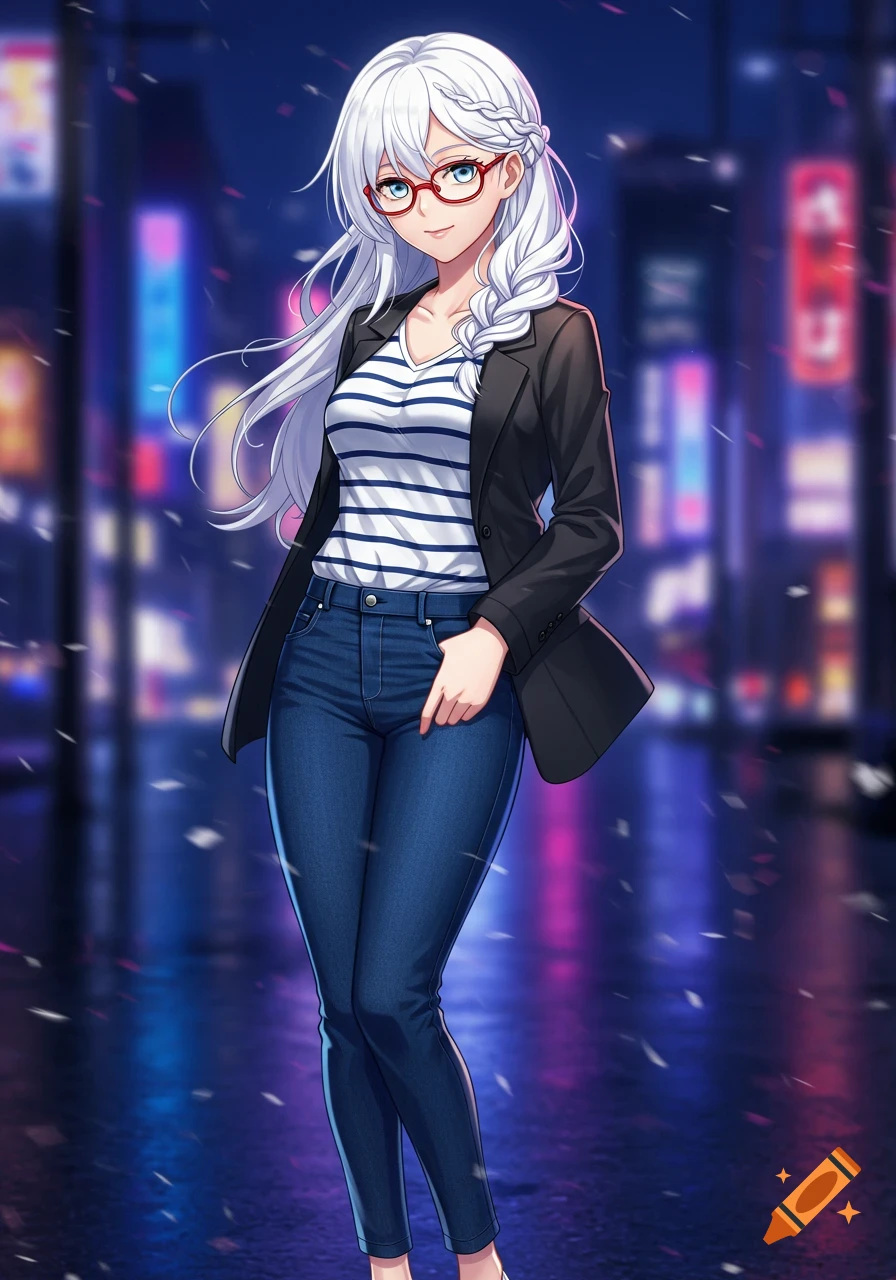Anime girl with white hair, red glasses, striped shirt, and dark jeans stands on a rainy city street at night.