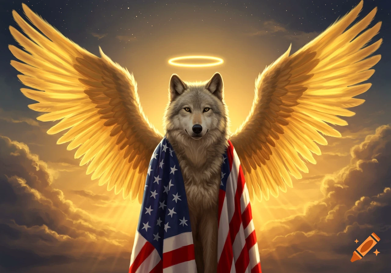 A majestic wolf with golden wings and a halo, draped in an American flag, stands against a bright, cloudy sky.