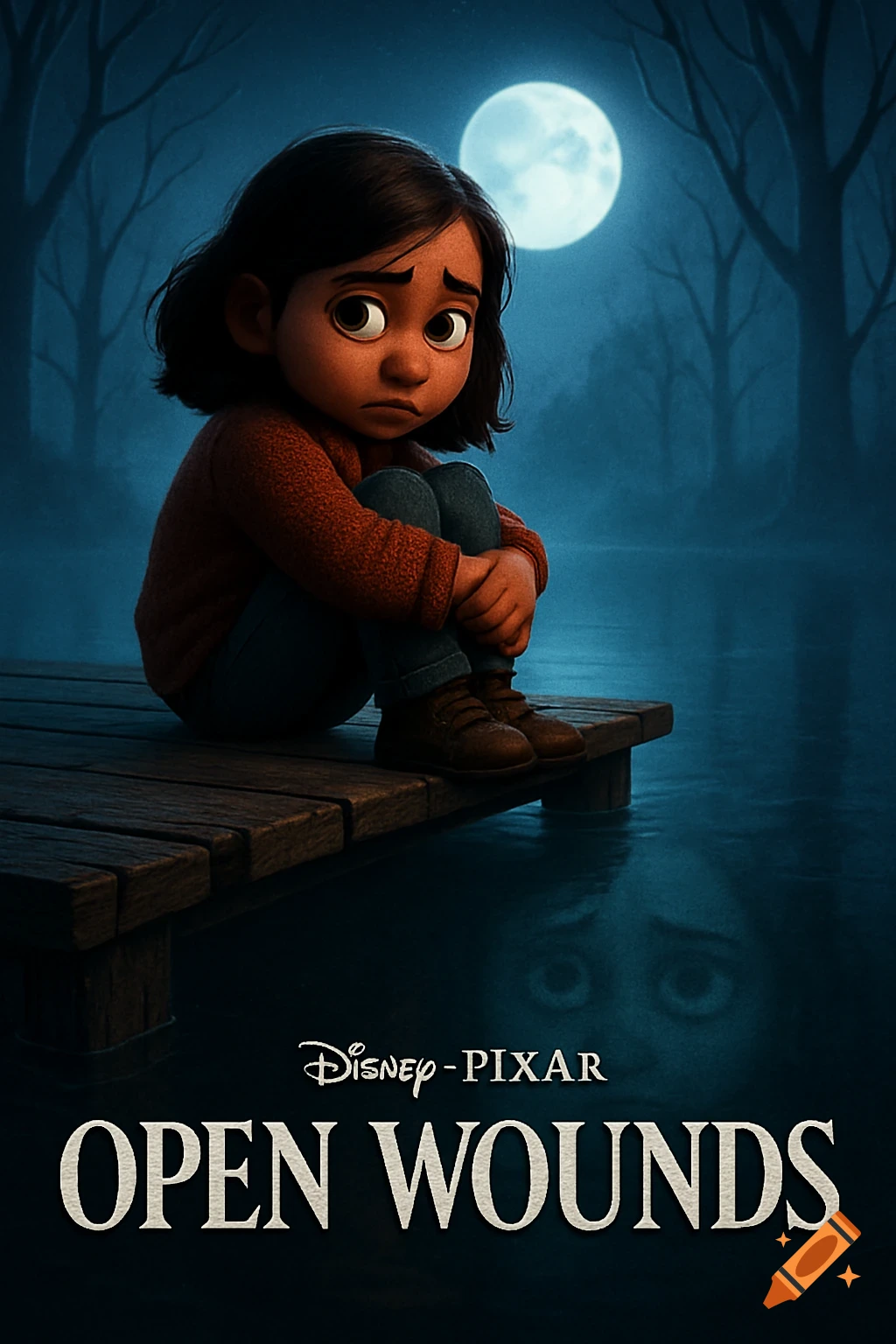 A sad animated girl sits on a wooden dock at night under a full moon, with a faint face reflecting in the water, for a movie poster titled 'OPEN WOUNDS'.
