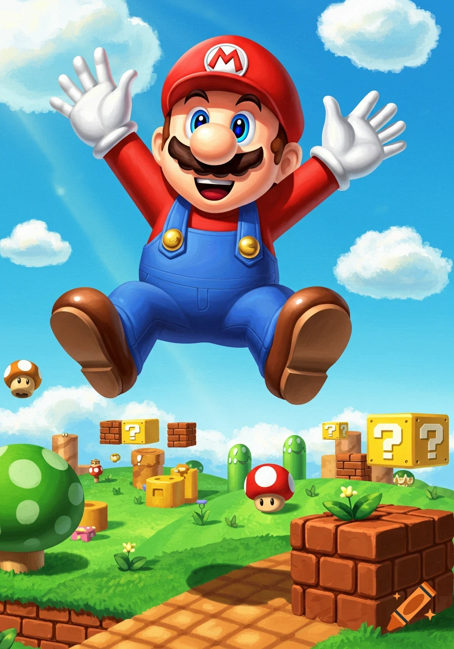 Mario jumps happily above a vibrant green landscape with question mark blocks, bricks, mushrooms, and pipes under a blue sky.