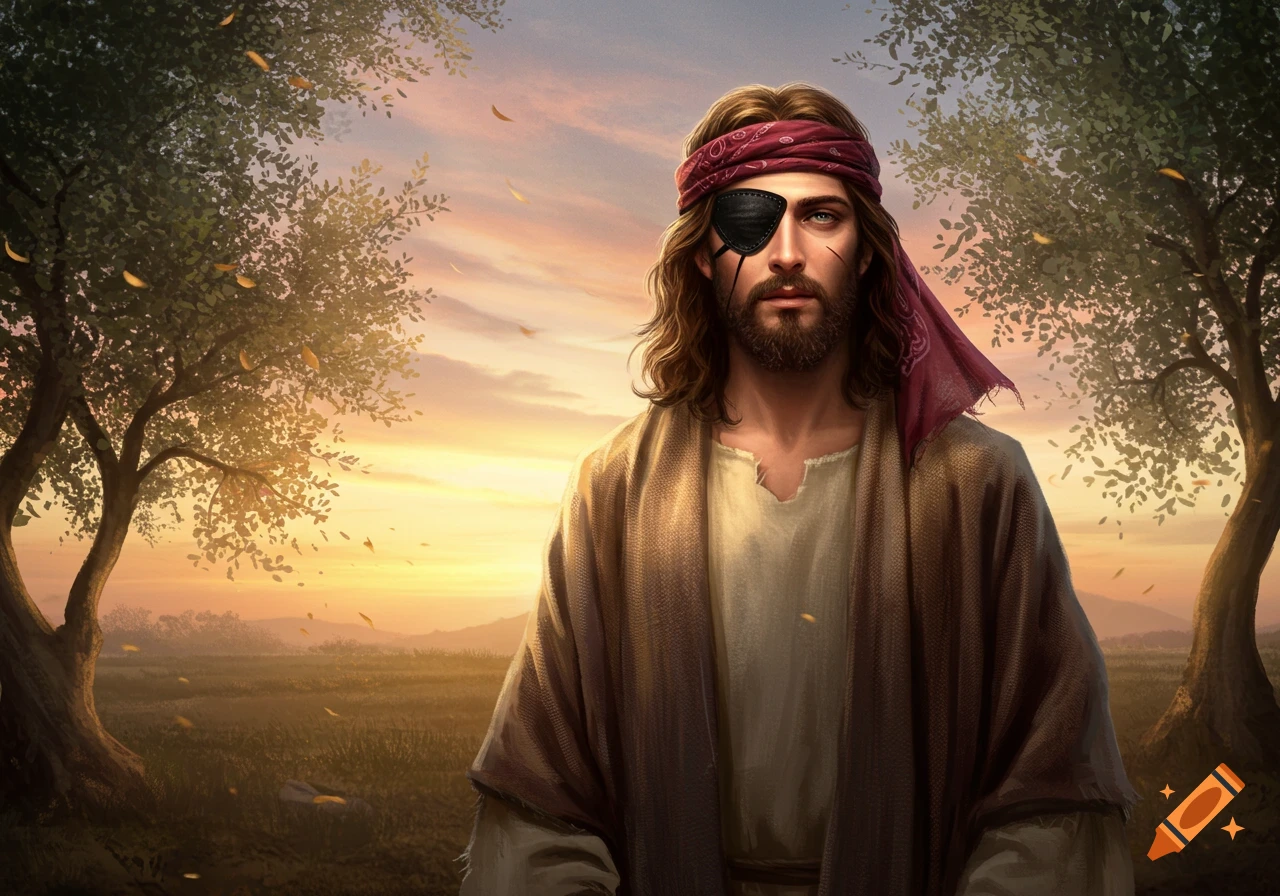 Illustrative portrait of Jesus Christ wearing a red bandana and black eye patch over his right eye, with a sunset landscape background.