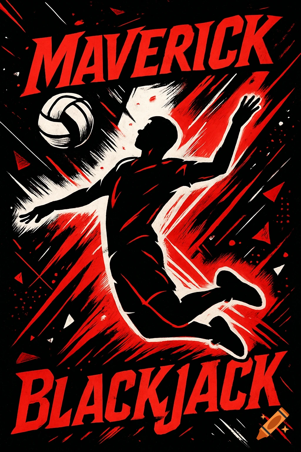 Dynamic, red, black, and white graphic of a volleyball player jumping to hit a ball, with 'MAVERICK' and 'BLACKJACK' text.