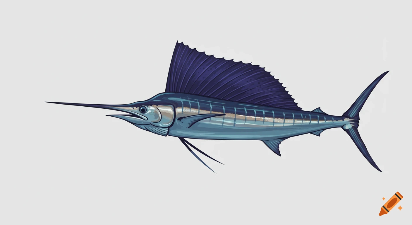 A stylized illustration of a blue and purple sailfish in side profile against a light background.