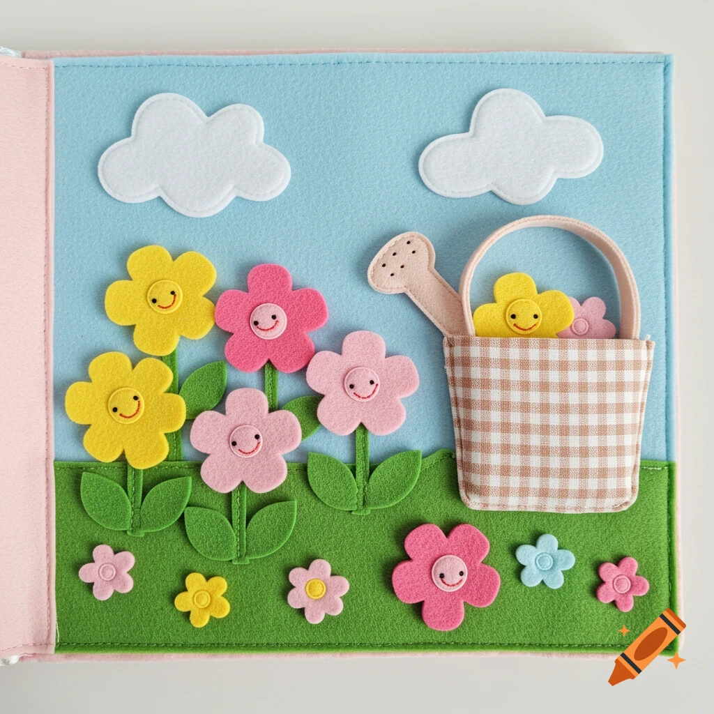 A colorful felt busy book page with a garden scene. Yellow and pink felt flowers with smiley faces, green leaves, and white clouds are on a light blue background. A brown gingham felt basket holds more flowers, with a watering can behind it.