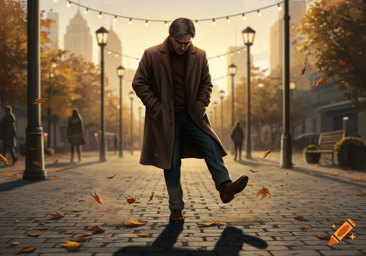 A man in a brown coat and jeans kicks autumn leaves on a cobblestone street with city buildings and string lights in the background.