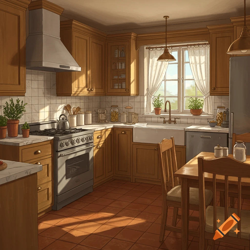 A warm, sunny craftsman-style kitchen with wooden cabinets, a farmhouse sink, tiled backsplash, and a dining area.