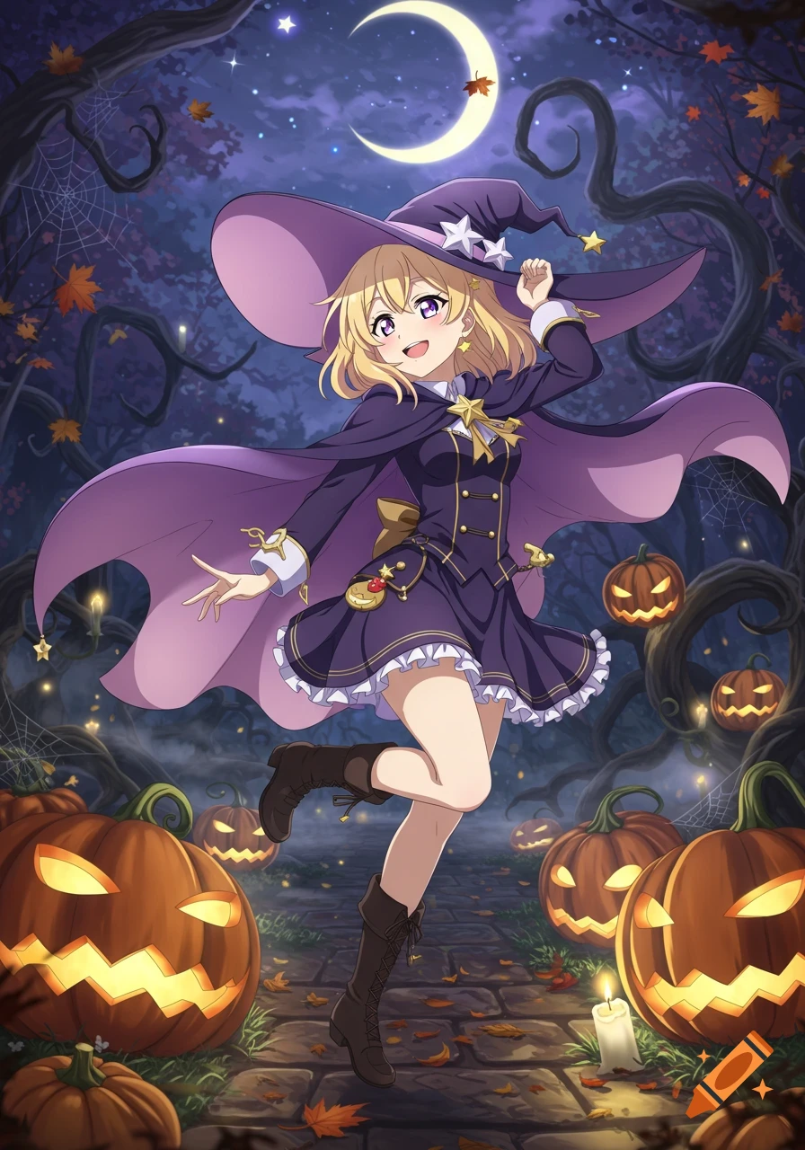 Anime witch girl with blonde hair in a purple dress and cape, smiling amidst glowing jack-o'-lanterns in a spooky Halloween forest.